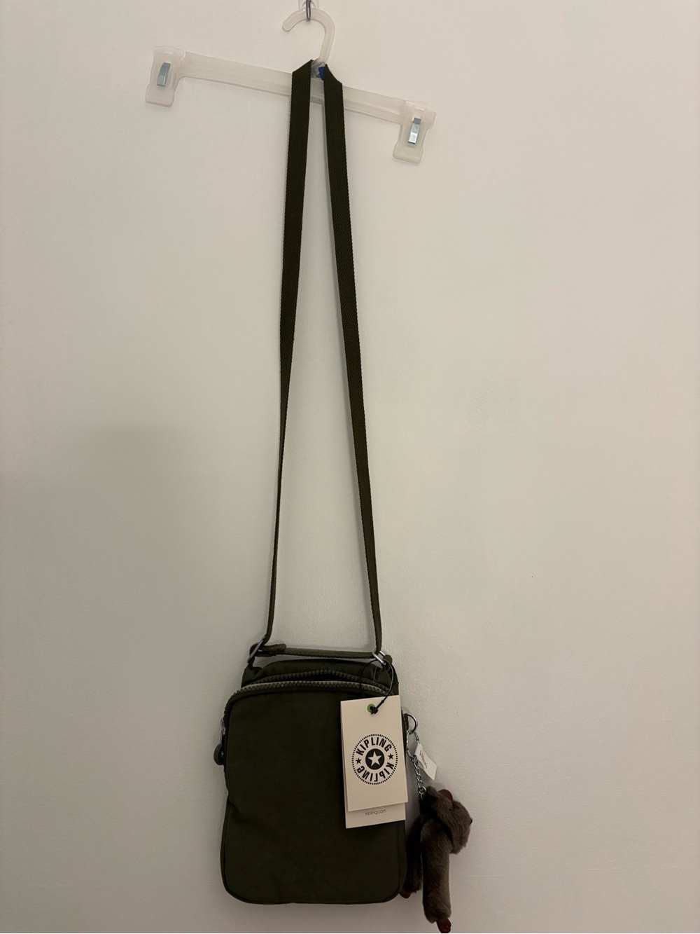 Kipling Olive Green Compact Crossbody Bag with Monkey Charm